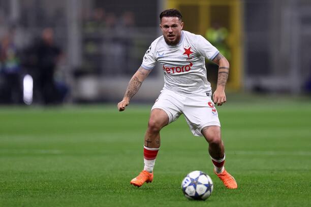 Najlepší strelec Slavie Praha Vasil Kusej počas zápasu proti Interu Miláno v 1. kole ligovej fázy UEFA Champions League 2025/26