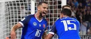 Radosť slovenských futbalistov po góle do siete Nemecka.