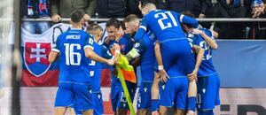 Futbalisti Slovenska oslavujú gól.