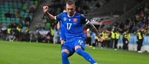 Ľavý krídelník Slovenska Lukáš Haraslín počas odvetného zápasu Slovinsko vs. Slovensko v baráži o postup do Ligy B v UEFA Nations League 2024/2025