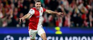 Gólová radosť ľavého krídelníka Slavie Danijela Sturma v zápase SK Slavia Praha vs. RC Lens v 1. kole Ligy majstrov UEFA 2026/2027